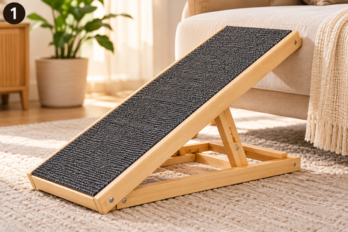 Rampe d'accès pliable en bois pour chat, installée contre un canapé dans un salon