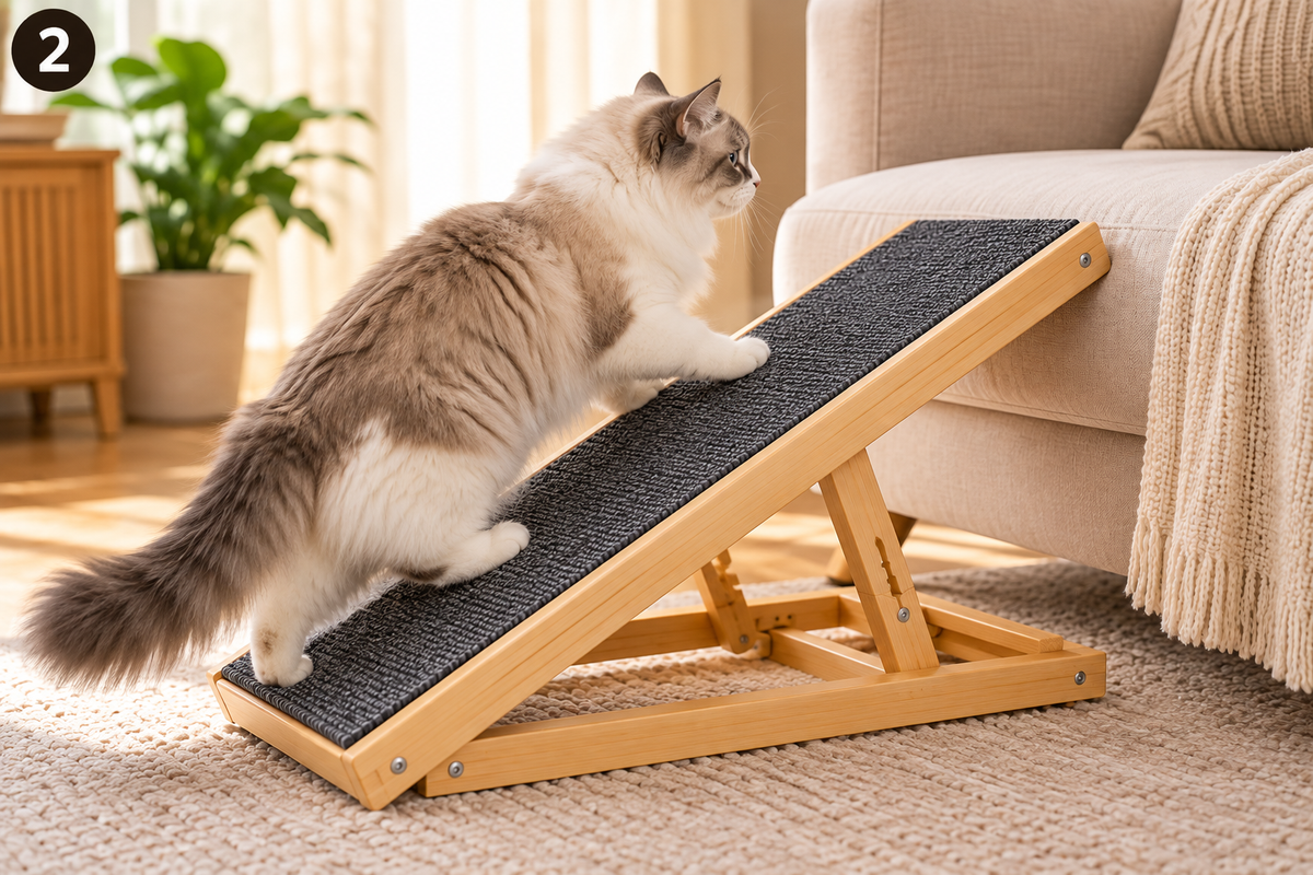 Chat montant sur la rampe d'accès en bois, vue de profil dans un salon