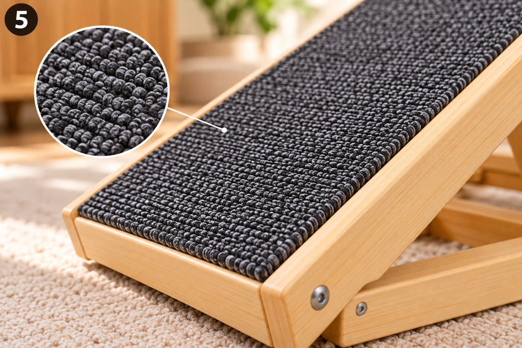 Détail de la surface antidérapante de la rampe d'accès en bois
