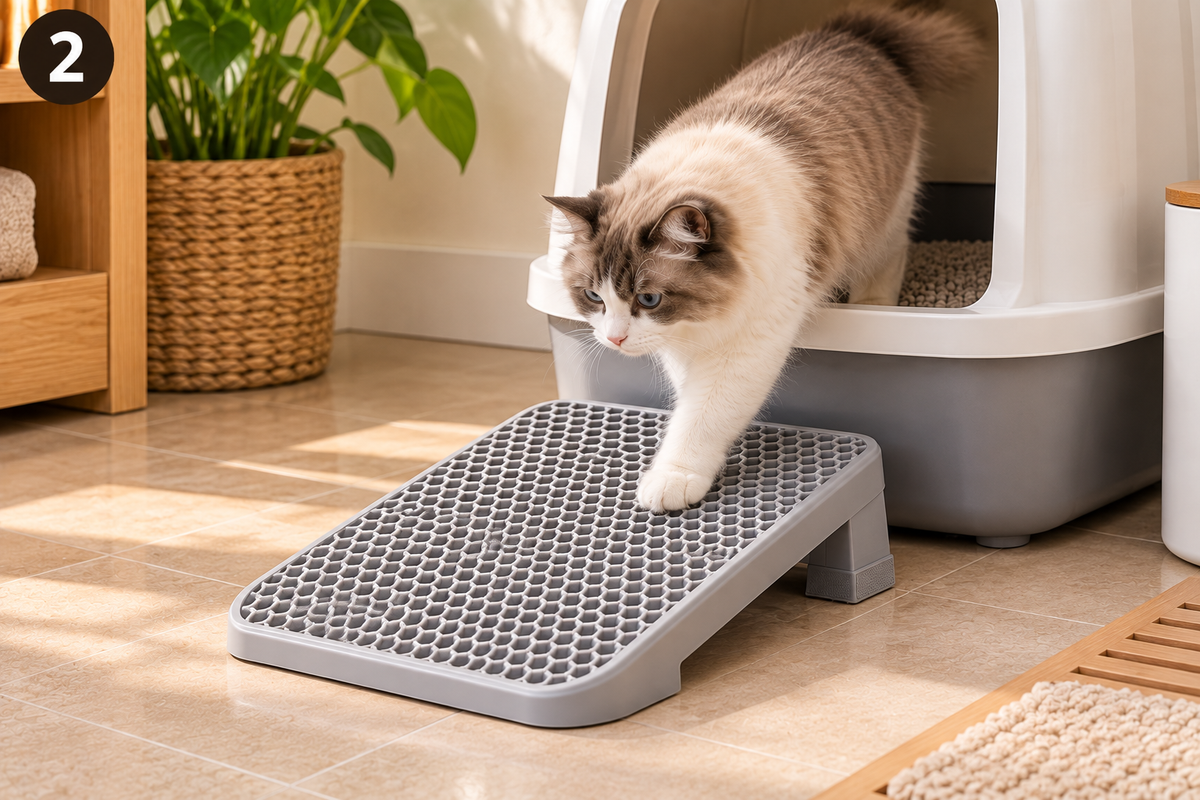Chat sortant d'un bac à litière fermé et posant la patte sur le step d'accès