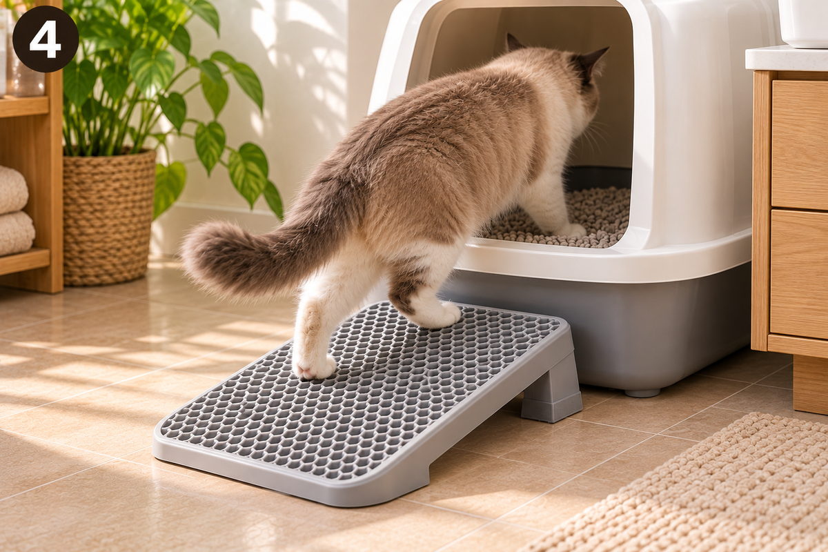 Chat montant sur le step d'accès pour entrer dans le bac à litière