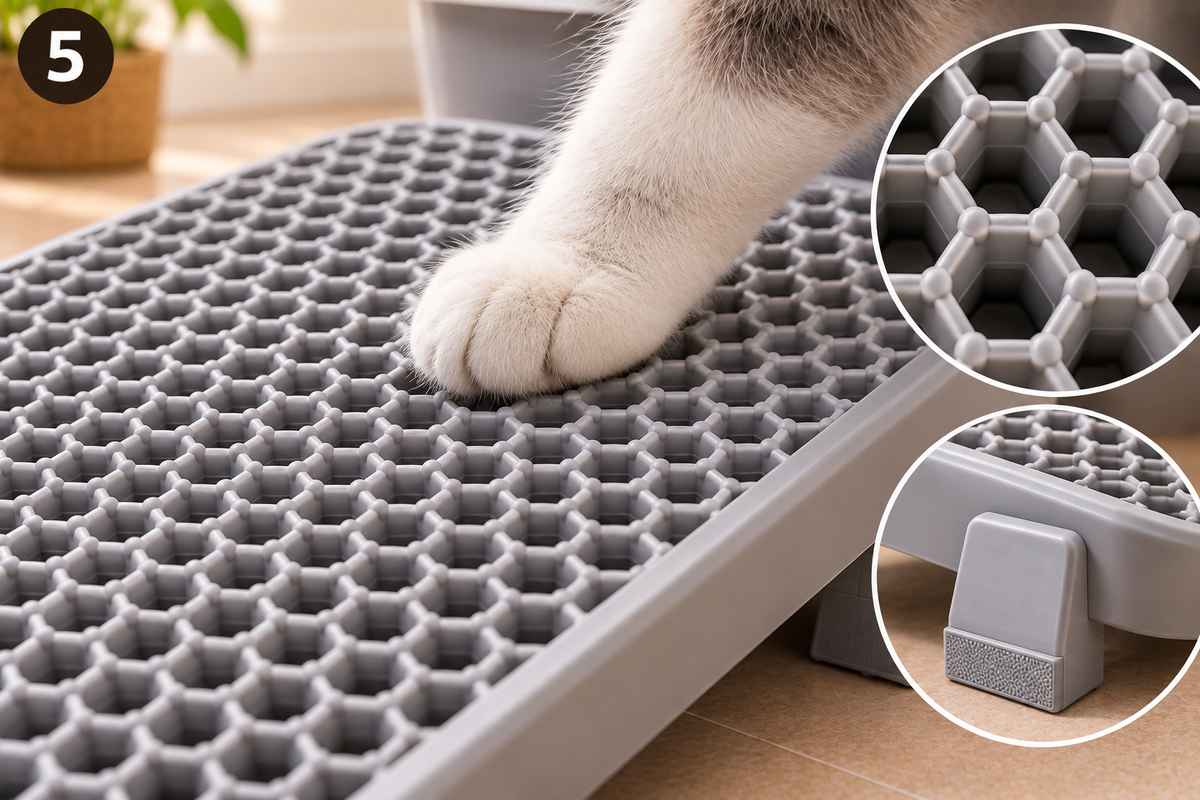 Détail de la texture alvéolée du step d'accès à la litière