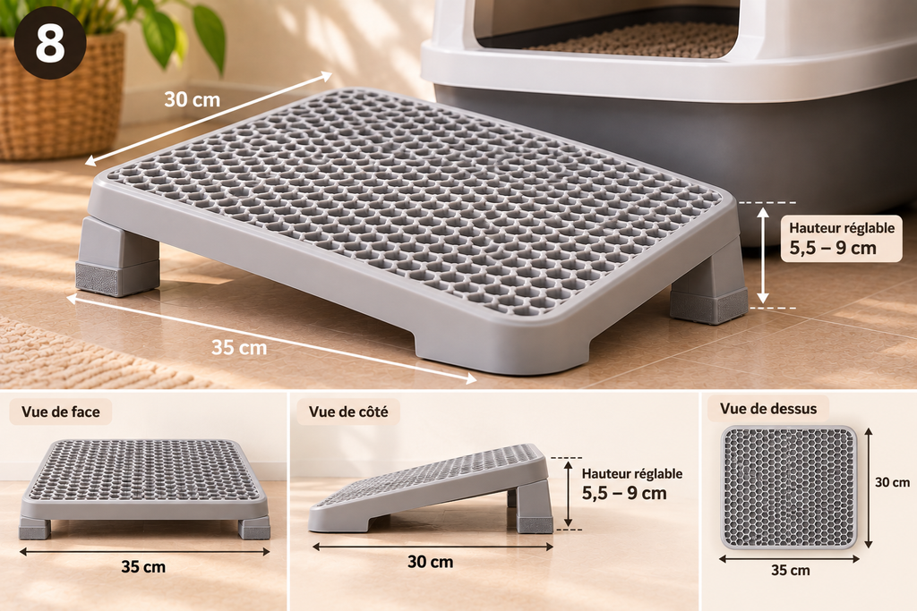 Step d'accès à la litière, vues de face, de côté et de dessus avec dimensions